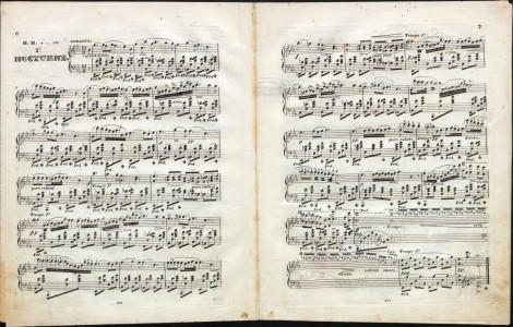 Nokturn Es-dur op. 9 nr 2, takty 0-1, 18-34. Egzemplarz z ołówkowymi naniesieniami pisanymi ręką Chopina [fot. BU UMK | www.bu.umk.pl/chopinowskie-odkrycie]